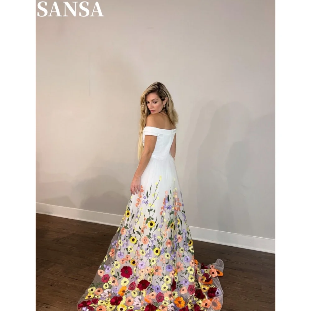 

Sansa Gorgous A-Line Floral Lace Prom Dress Customized Floor-Length Off Shoulder Wedding Dress Removable Tail Vestidos De Fiesta