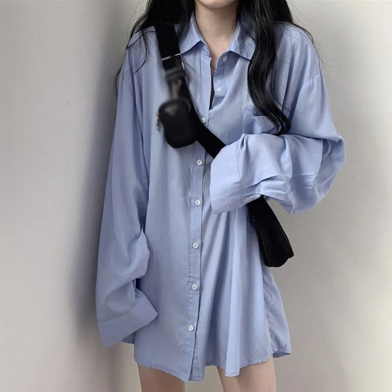 

Women Shirts Spring Summer Korean Version Versatile Solid Color Button down Long Sleeve Loose Fit Shirt Lapel Sunscreen Cardigan