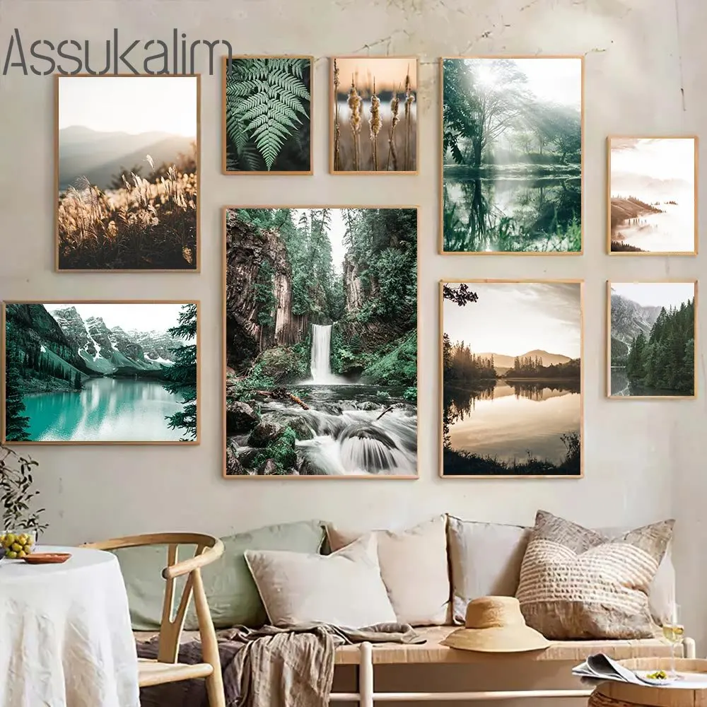 Green Scenery Wall Art Waterfall Print Pictures Lake Mountain Art Prints Leaves Painting Poster Nordic Posters Living Room Decor