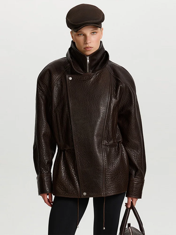 Women's Jackte Textured PU Leather Jackets Drawstring Waist Outwear High Neck Coats Asymmetric Zip Oversize Autumn Lady Clothes