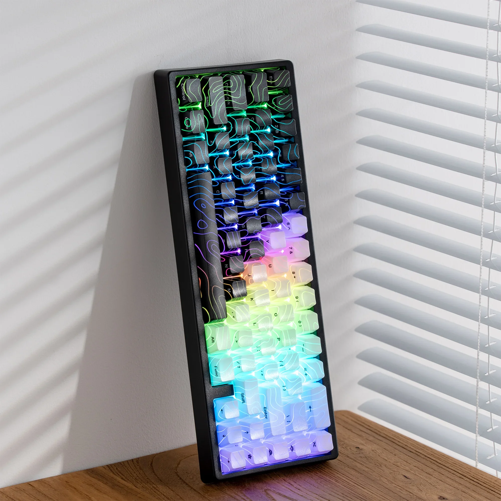 

QBYI 70 Keys Topographic Keycap Pattern Shine-Through OEM Profile IMD-Tech Keycap 2 Color Spliced Keycap Black and White