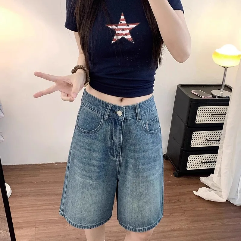 

Свободные джинсовые брюки с высокой талией, женские винтажные прямые брюки с пятью дюймами, летние широкие брюки, студенческие повседневные синие джинсы