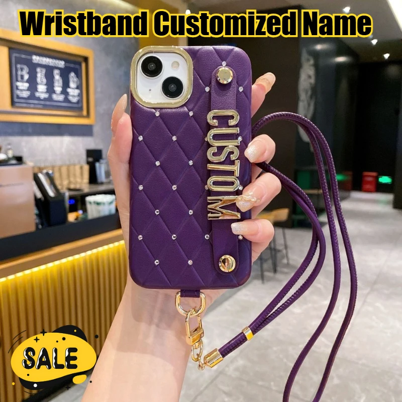 

Wristband Customized Name Gold Letter Phone Case for Iphone 15 14 13 12 Pro Max with Lanyard Cover Shockproof Protector Cover
