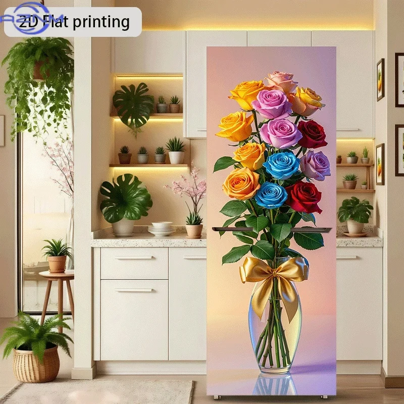 2D Flat Printing 1pc Refrigerator Sticker 60×180cm Bouquet of Colorful Roses Theme Design Wall Sticker Decorative Self-Adhesiv