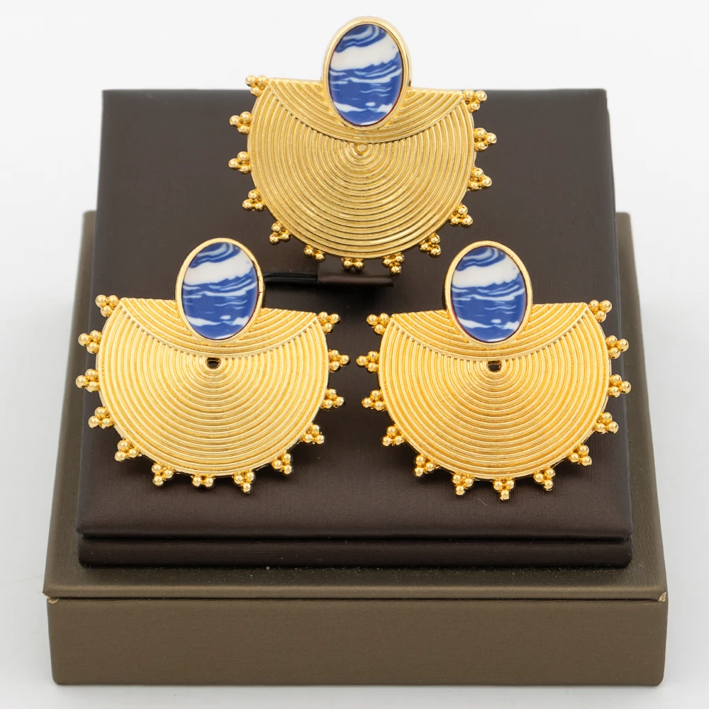 18K Gold Plated Fan‑Shaped Multi‑Color Oval Stone Earrings & Ring Set For Women Luxury Wedding Party Bridal Accessories Gift