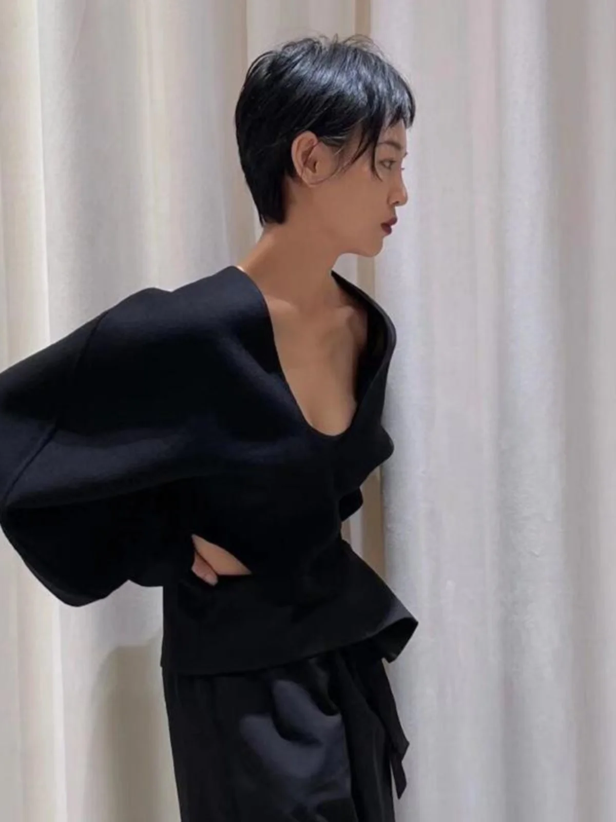 Felpa ort Batwing Sve Maglieria da donna con bordi in lana V-Ne Commute Sle Fibra di poliestere Lunga Sve Colore puro