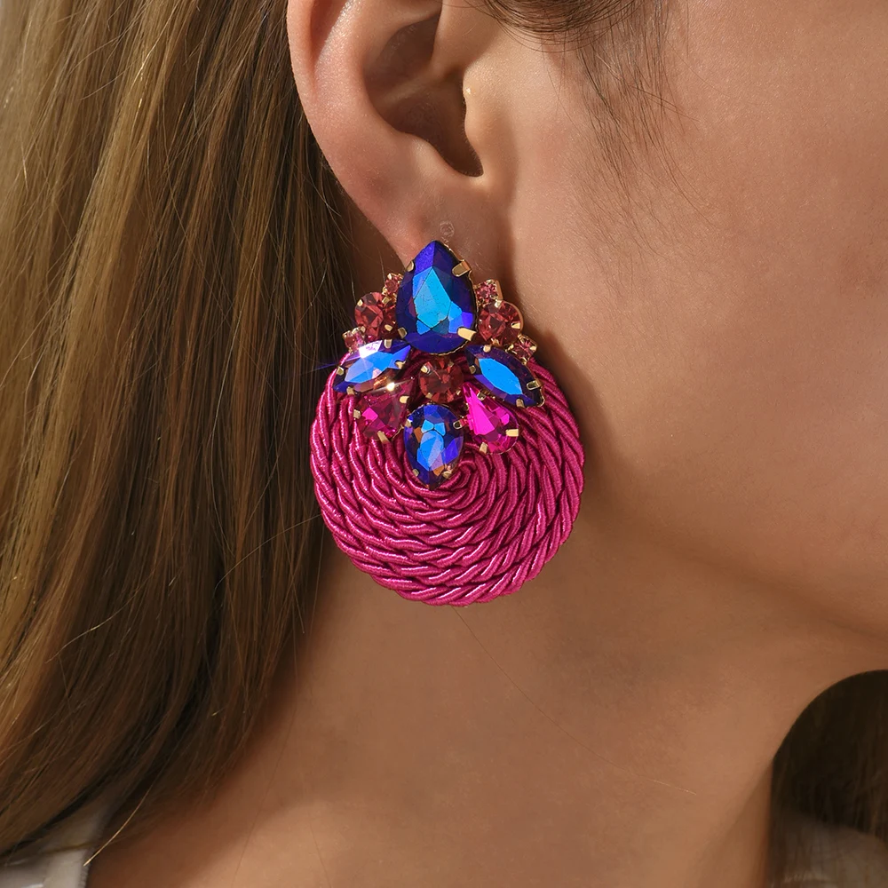 Fashion Cotton Rope Weave Round Luxury Big Stud Earrings Trend Geometric Crystal Vintage Ear Accessories Cottagecore Jewelry