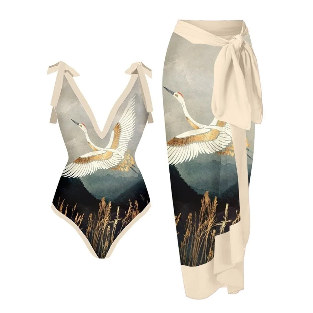 2026 Printed Swimsuit Women One Piece With Beach Skirt Padded Swimwear Female Bathers Bathing Swimming Swim Suit Beachwear