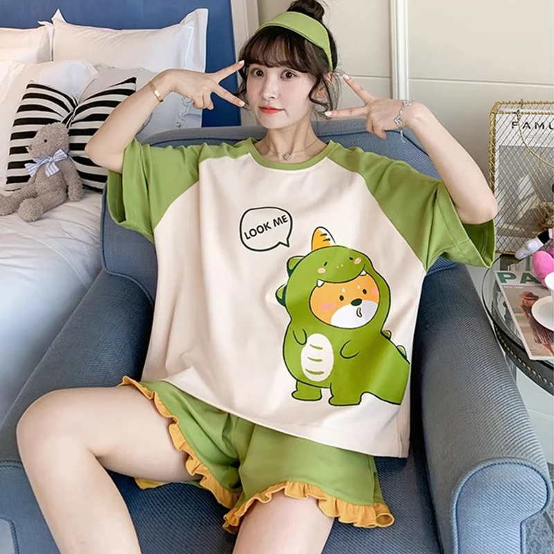 2PCS/Set Green Cartoon Dinosaur Pajamas Short-Sleeved Loose Version Women Large Size Princess Style Homewear Students Sleepwear