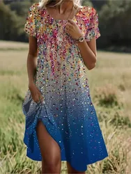 Dress For Women 2025 New Fashion Boho Flower Print Loose A Line Dress Summer Short Sleeve Holiday Party Elegant Midi Dresses