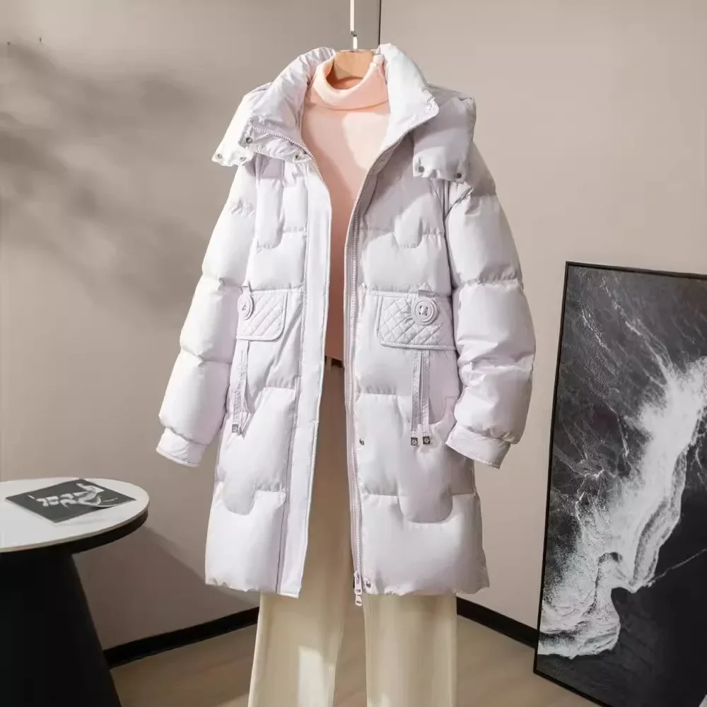 Chaqueta de plumón de longitud media para mujer, nueva moda de invierno, plumón de pato blanco, chaqueta gruesa y cálida con capucha, abrigo informal holgado con cuello levantado