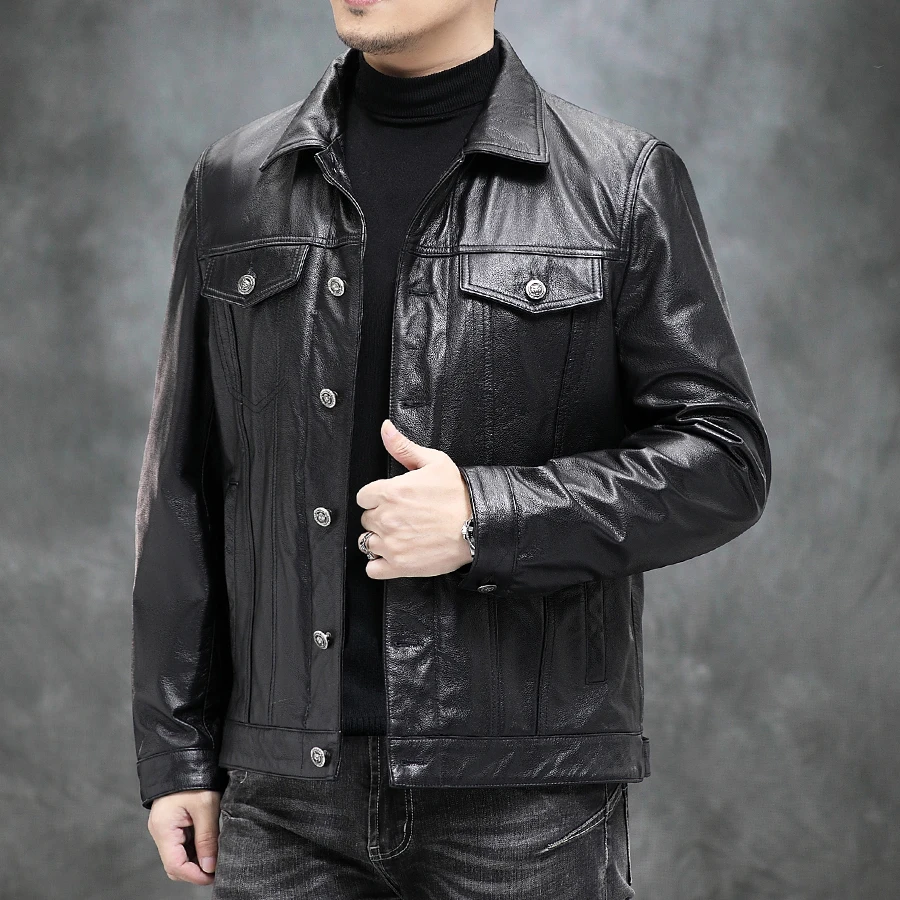 

High Quality Genuine Leather Jacket Man Black Turn-down Collar Coat Autumn Winter Leather Clothes