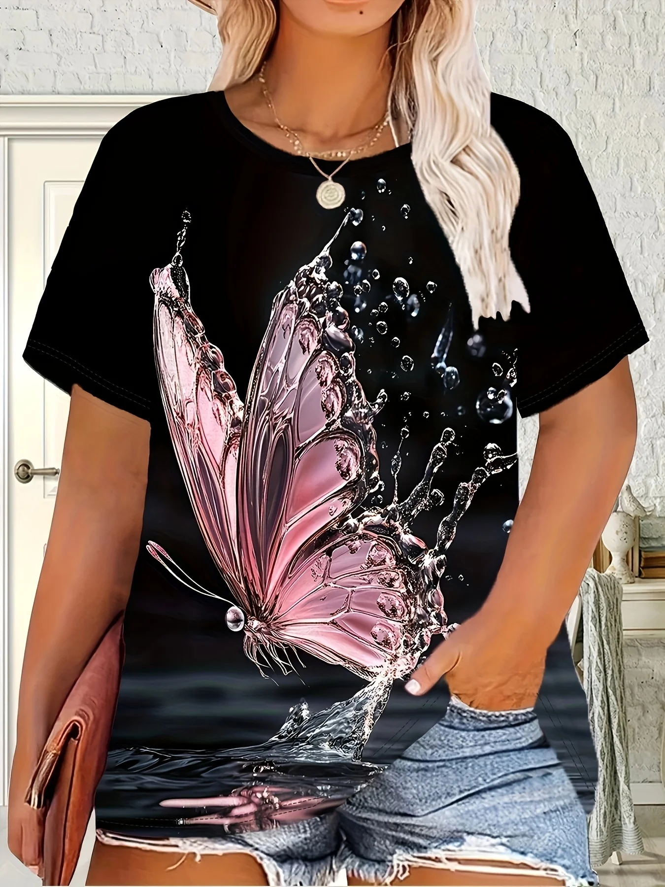 Women Crew Neck Short Sleeve T‑Shirt, Pink Butterfly Water Splash Reflection Art Graphic Tee