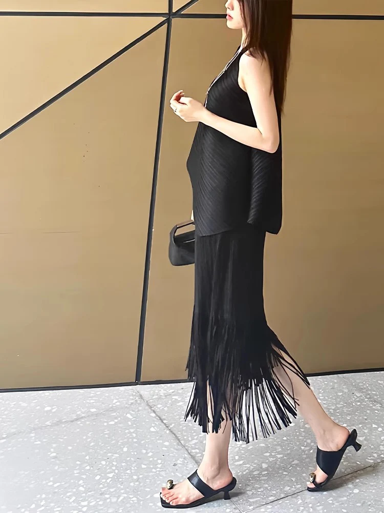 Black Asymmetrical Sleeveless Tassel Trim Pleated Skirt Set Women's Fashion Summer Outfit Polyester Breathable Medium Weight