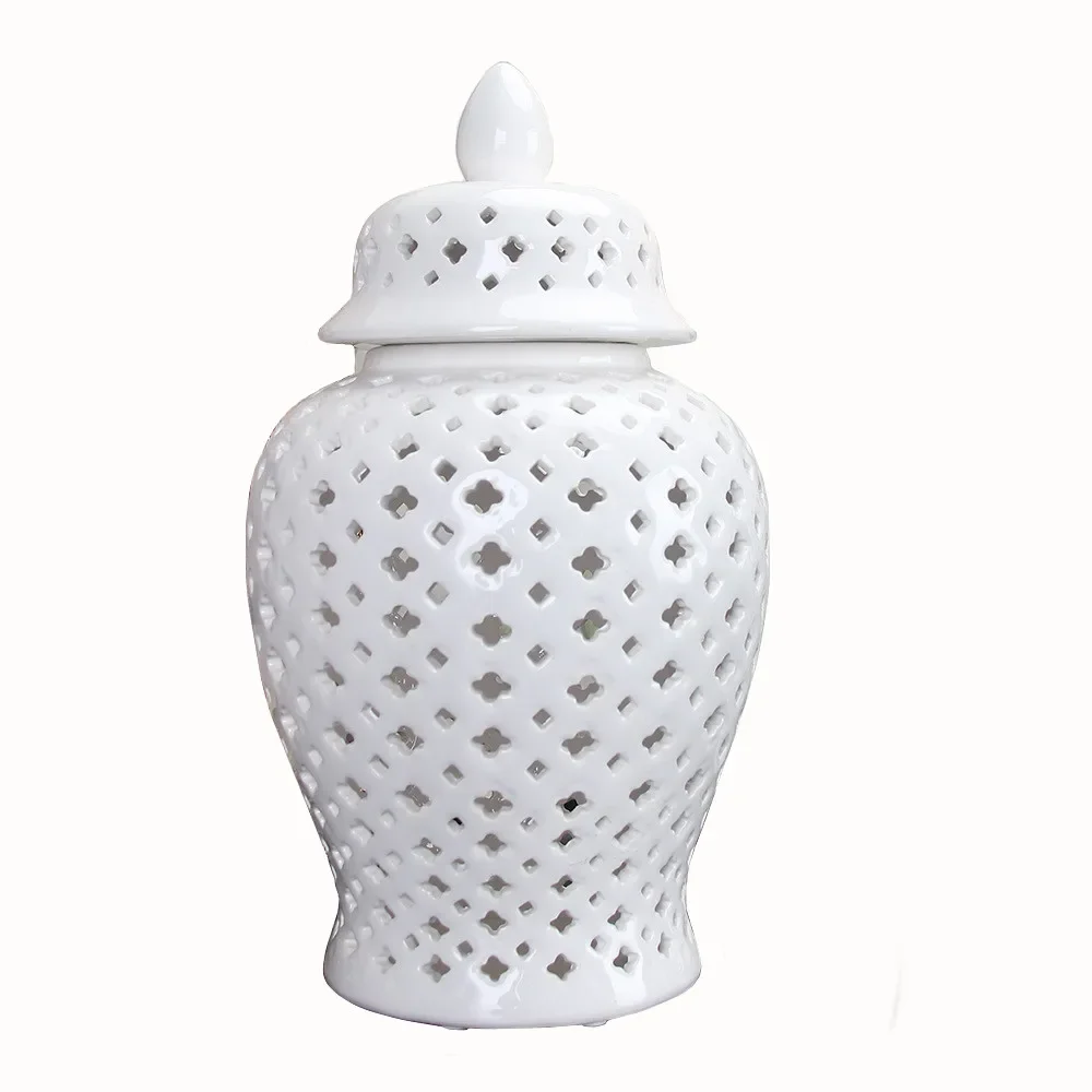 Chinese White Hollow General Jar Ceramic Ginger Jar Desktop Storage Tank Vase with Lid Handicraft Ornaments Home Decoration