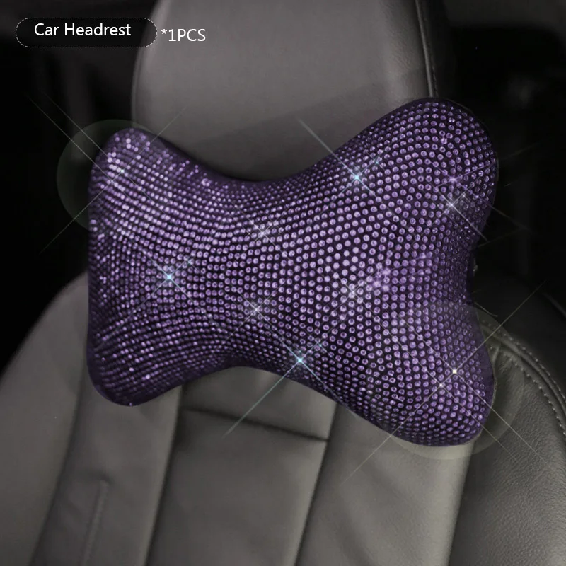 Crystal Purple Diamond Car Steering Wheel Covers Handbrake Gear Cover Seat Belt Shoulder Headrest Pads Auto Interior Accessories