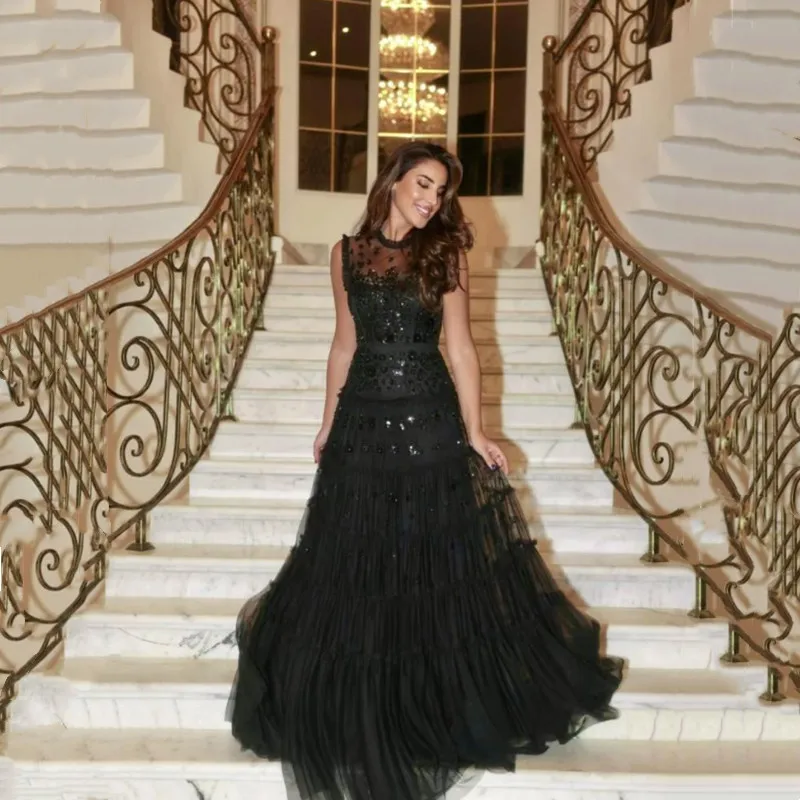 

Elegant A-Line Black Evening Dress Tulle 2025 Modern Sleeveless O-Neck Pleat Shiny Beaded Sequined Gown Floor-Length Customized