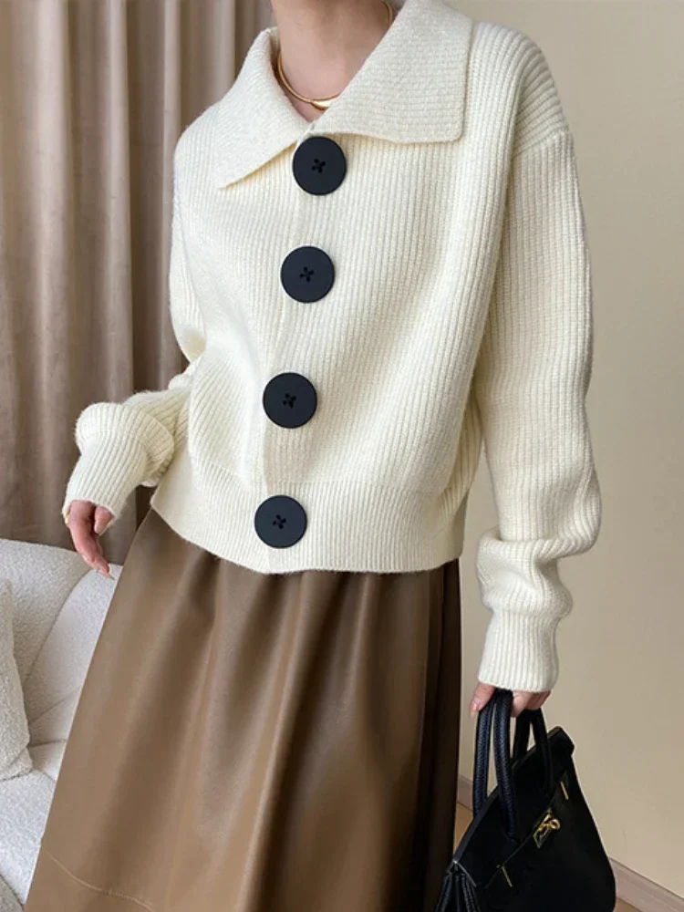 Fashion Big Button Cardigan for Women Loose Thickening Turn-down Collar Knit Sweater Autumn and Winter 2024 Grey Cardigan Coat