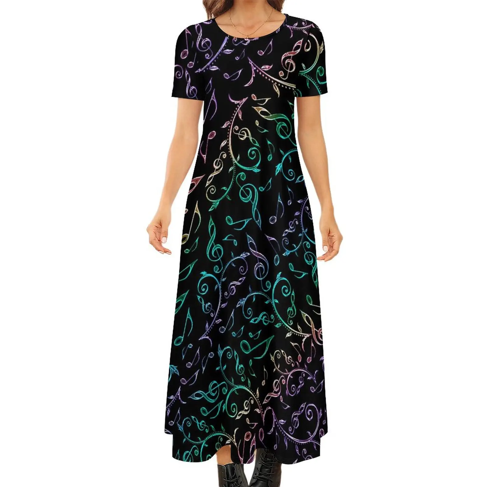 Rainbow Music Notes Dress Floral Print Elegant Maxi Dress Streetwear Bohemia Long Dresses Female Short Sleeve Oversize Vestido