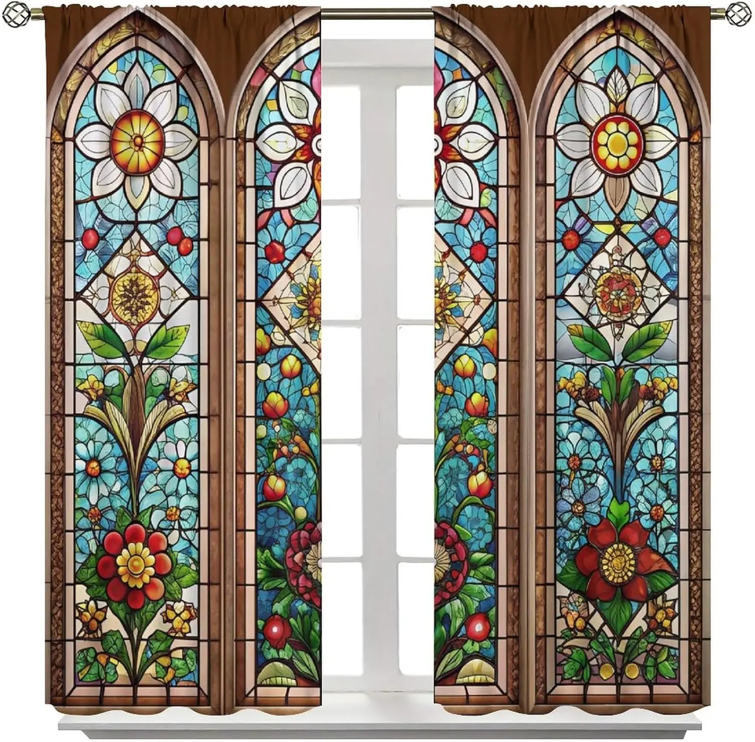 Antique Stained Glass Curtains,Ornate Tulip Floral Leaves Tile Abstract Blackout Rod Pocket Window Treatments  Hotel Apartment