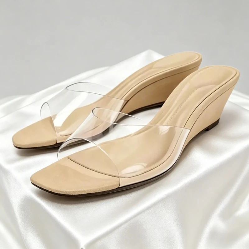 

Transparent PVC Brand Summer Women's Slippers Casual Fashion Heels Mules Shoes Open-toe Comfortable Slides Wedge Sandals Women
