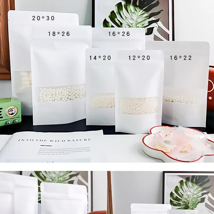 10Pcs Thicken Clear Window Plastic White Kraft Paper Bag Self-supporting Ziplock Food Tea Sealed Packaging