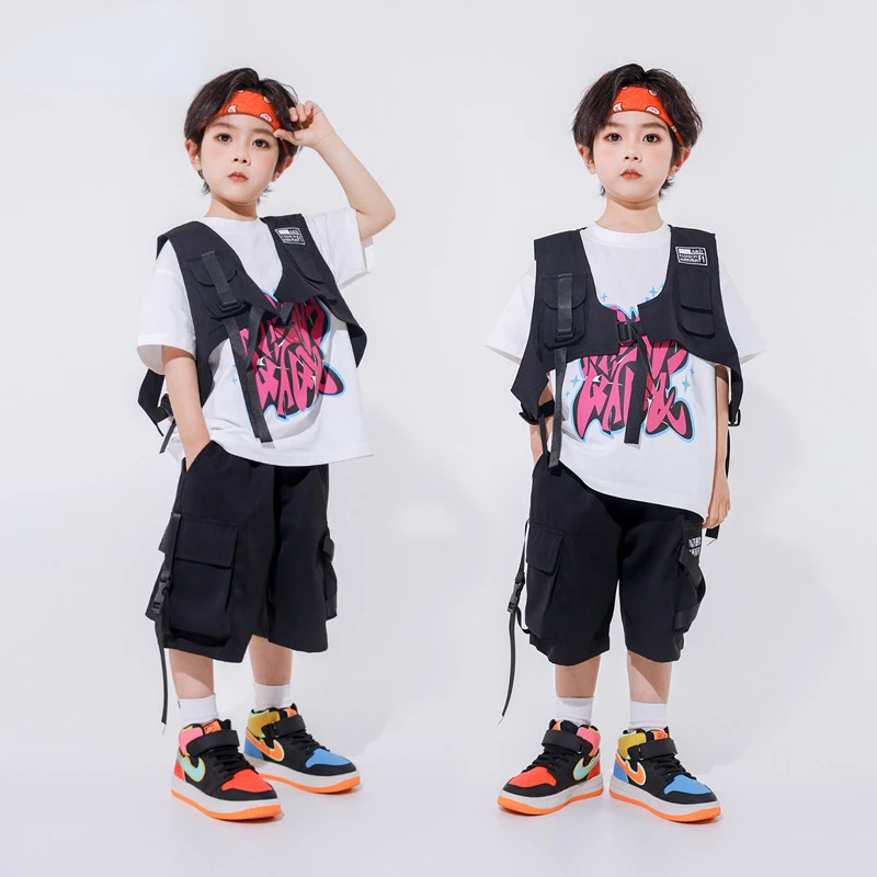 New Modern Hip Hop Dance Costumes for Girls Plaid Black Vest Shorts Loose T Shirt Streetwear Boys Jazz Performance Stage Wear