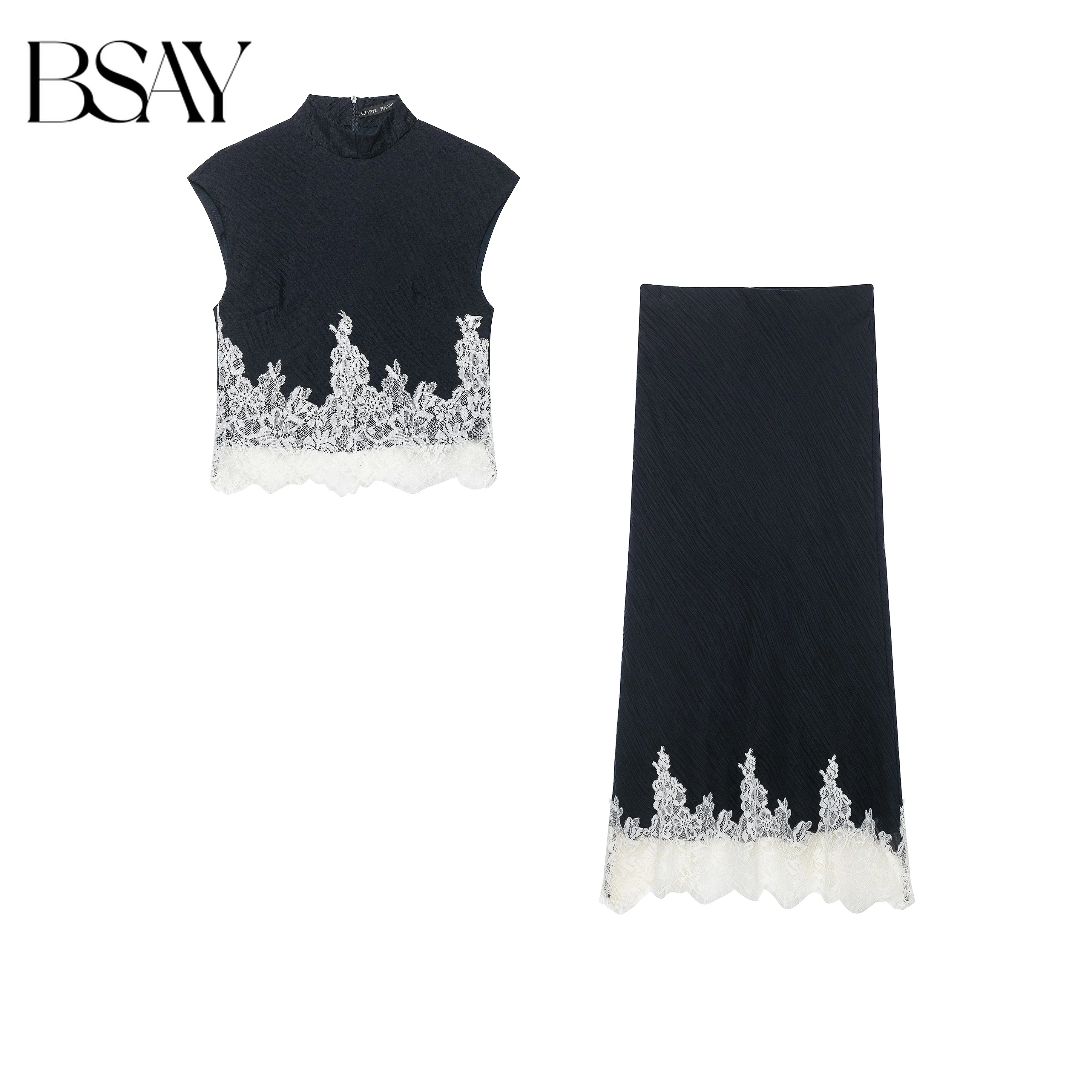 BSAY 2026 French Elegant Women Contrast White Lace Spliced Sleeveless Mock Neck Top and Midi Skirt Formal Matching Two Piece Set