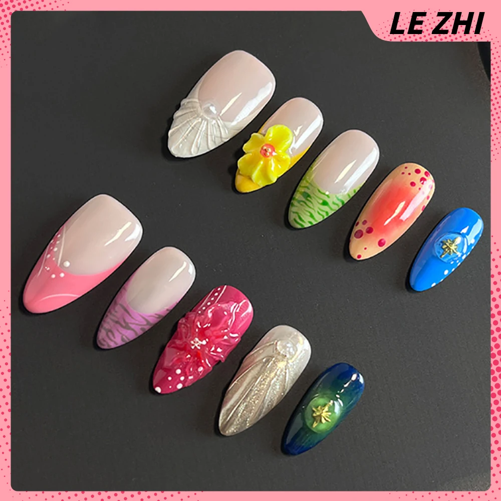 10Pcs 3D Carving Flower Series Handmade Press On Nail Art Europe America Spice Girl French Almond Full Cover Wearable Fake Nails