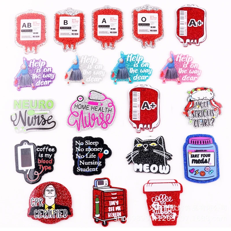 Blood Bag Meow Acrylic Charms Glitter Epoxy Pedant Fit DIY ID Card Badge Holder Jewelry Making Doctor Nurse Gifts