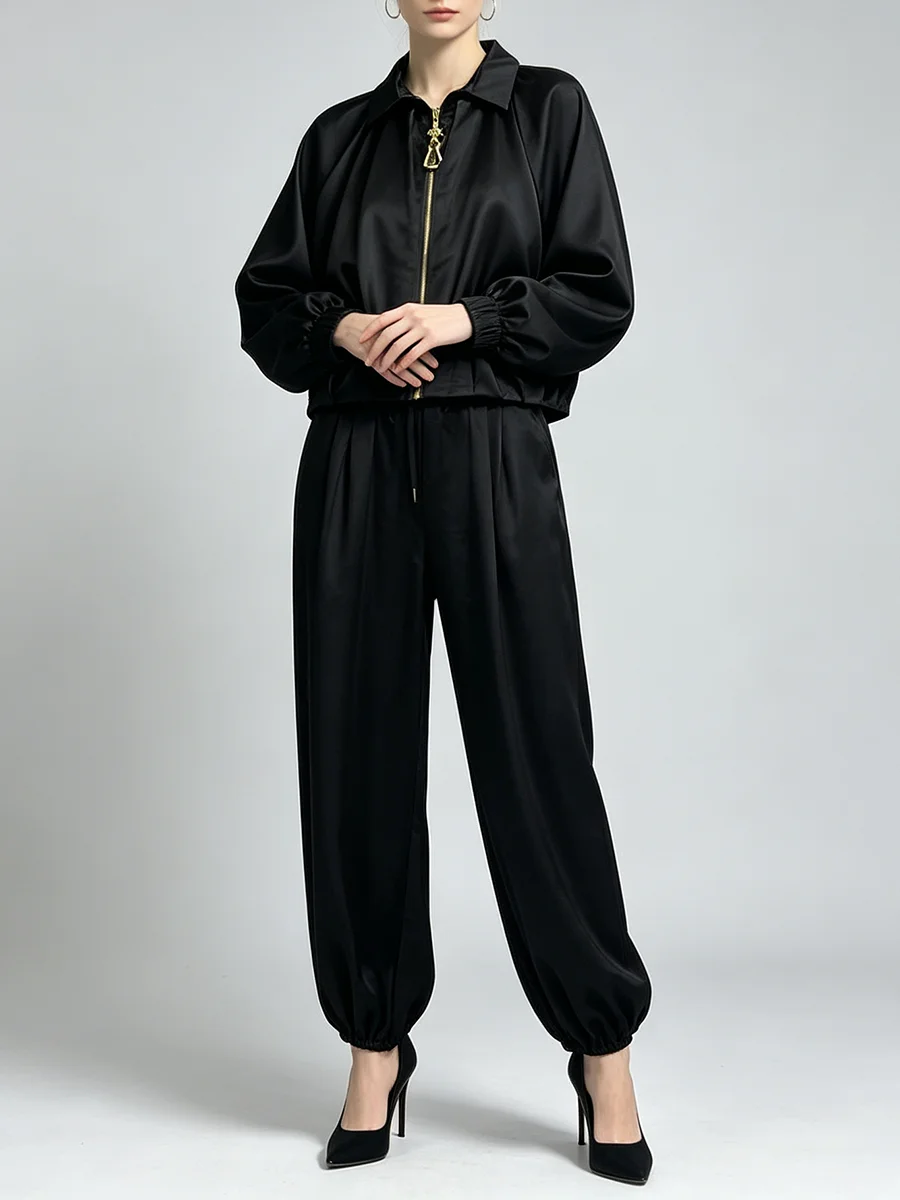 TWOTWINSTYLE Black Satin Minimalist Two Piece Set Women Lapel Gold Zip Bubble Sleeve Crop Top Jogger Pants Daily Office Outfits