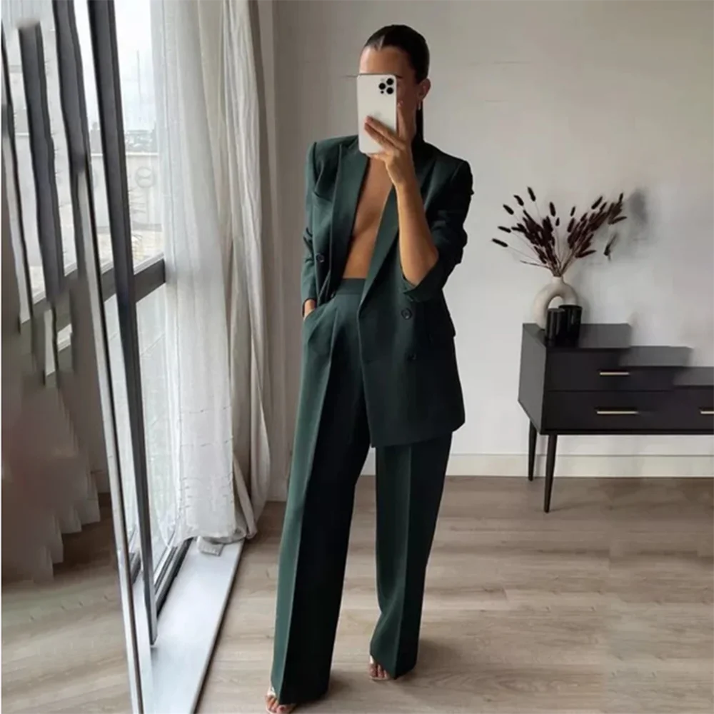 2024 Luxury Green Women Suit Double Breasted 2 Piece Jacket Pants Female Clothing Fashion Chic Slim Fit Office Lady Blazer Set