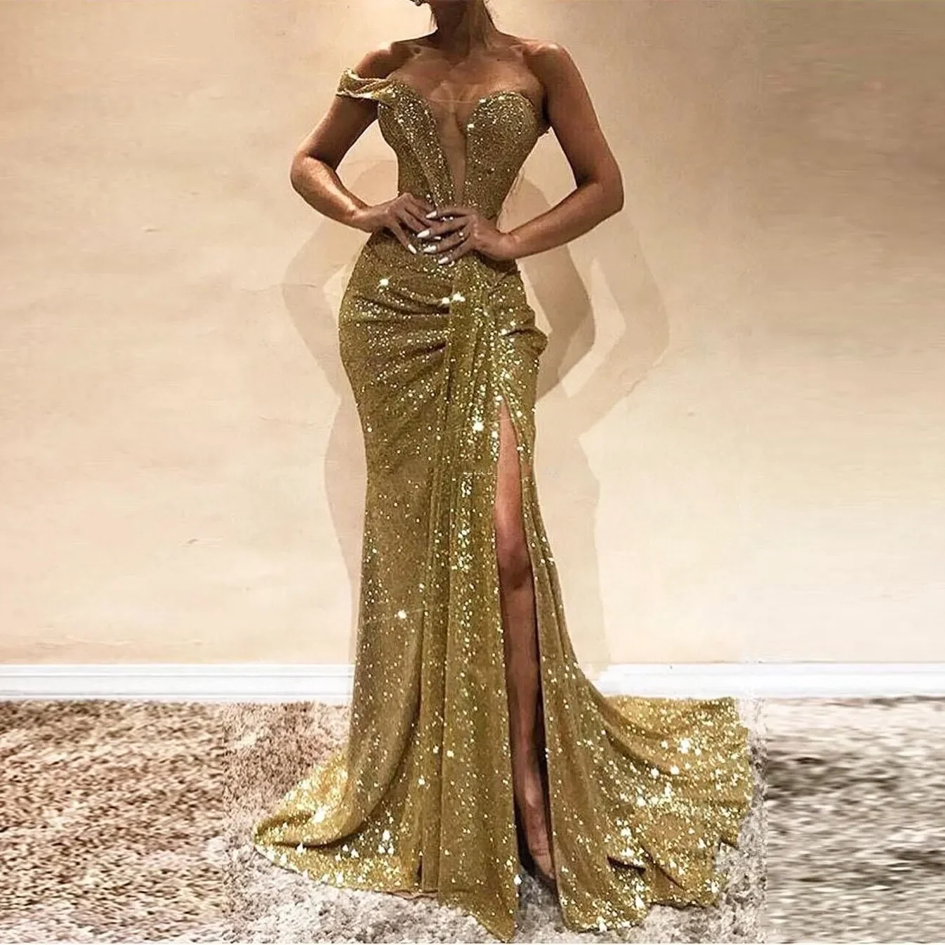 

Glitter Gold Sequined Mermaid One Shoulder Sweetheart Evening Dresses Sexy Side High Split Long Prom Dress For Women Customized