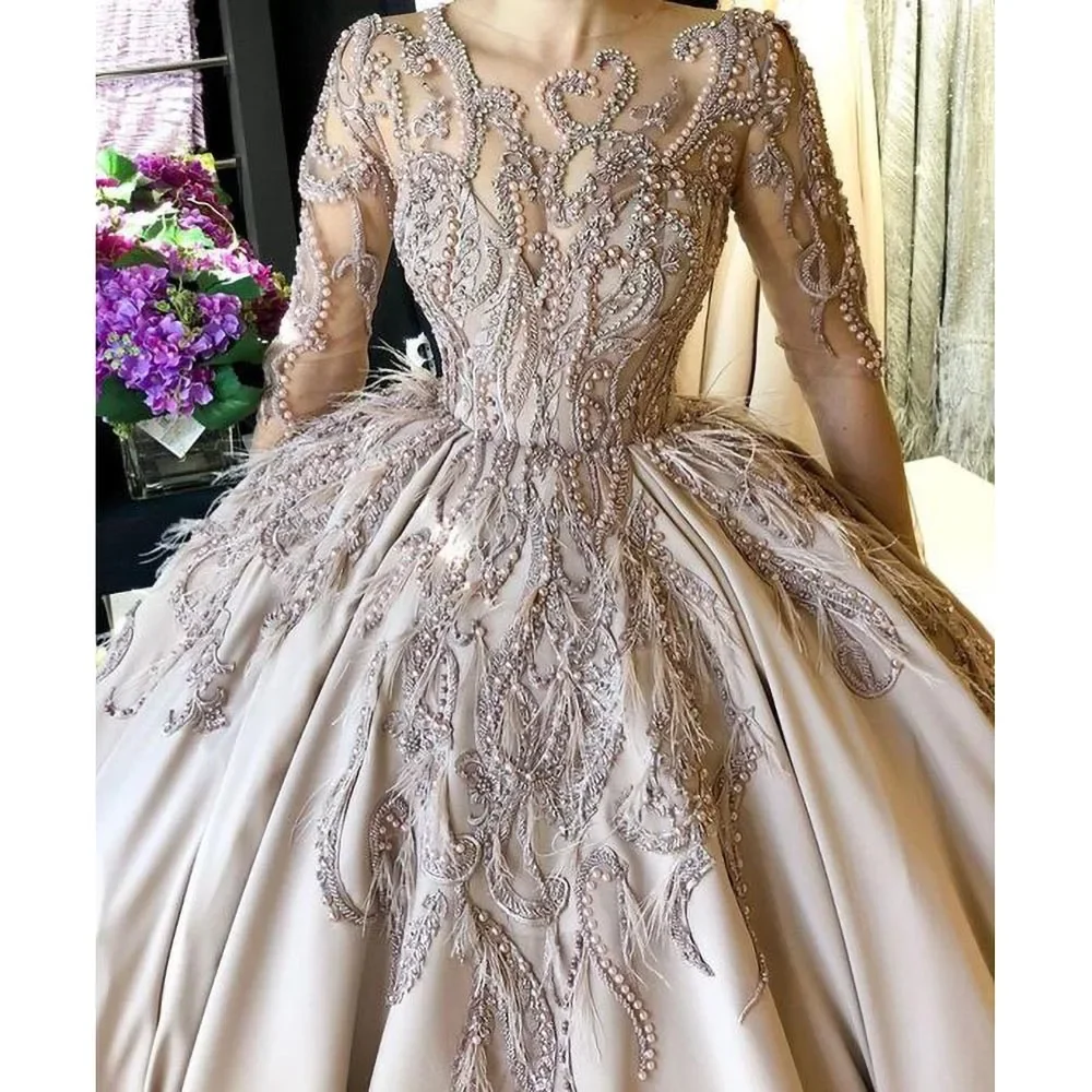 

Exquisite O-Neck Long Sleeves Prom Dress with Beading Pearls Tassel Fashion Floor Length Ball Gowns Elegant Party Evening Dress