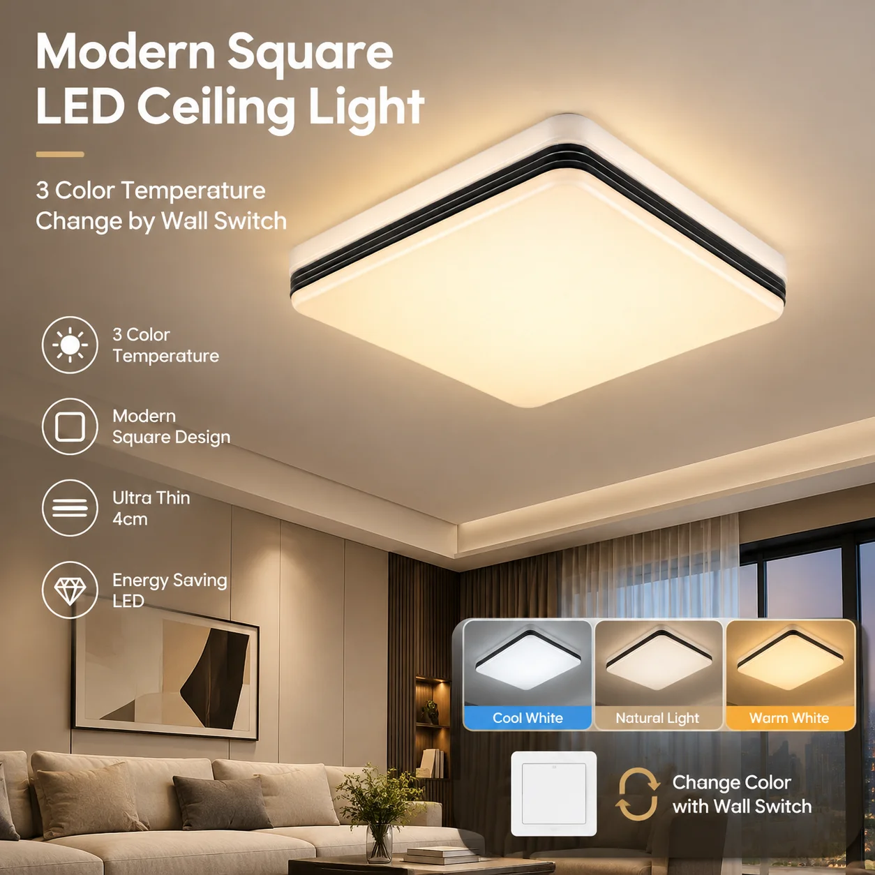 Square LED Ceiling Light Flush Mount - 18W 24W 36W 48W Three Color Temp Options Ideal for Living Room Bedroom Bathroom Hallway