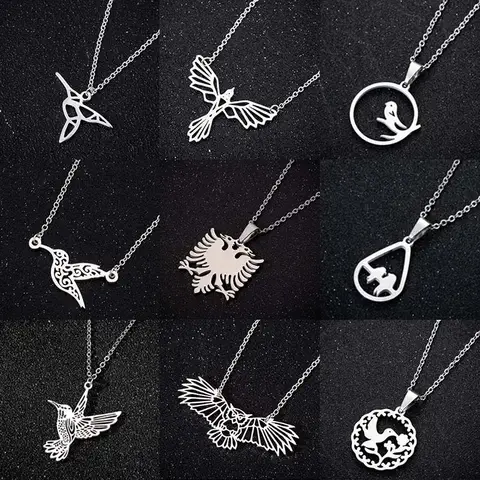 Vintage Stainless Steel Albanian Eagle Hummingbird Charm Necklace for Women Men Personality Flying Animal Necklaces Accessories