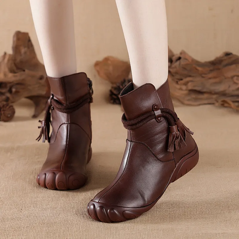 جديد ريترو المرأة أحذية بوت قصيرة عادية جلد طبيعي بلون لينة وحيد مريح دافئ أحذية نسائية الفراء بوتاس موهير 2026 #2