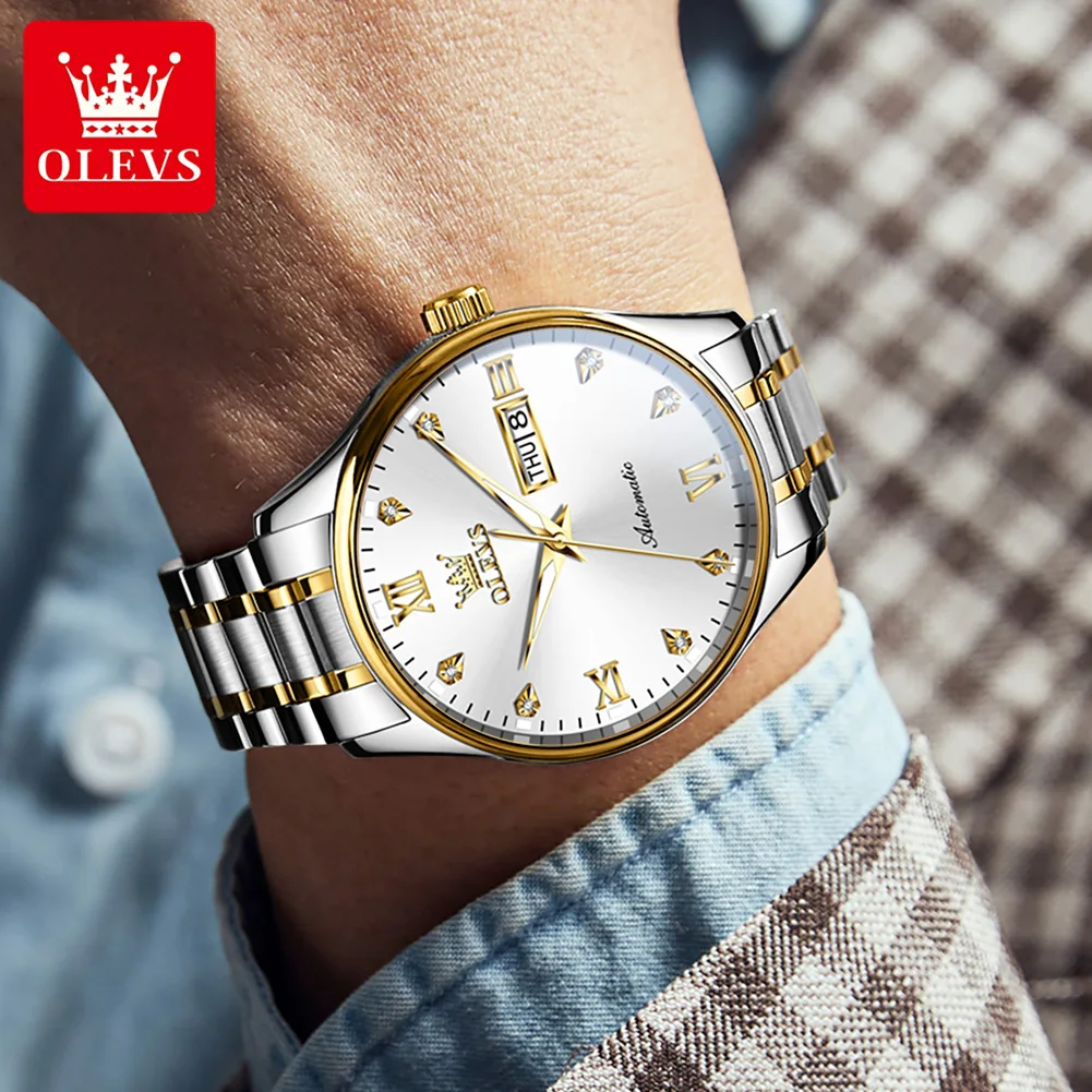 OLEVS 9955 Men\'s Watch Luxury Diamond Fully Automatic Mechanical Watch Classic Simple Stainless Steel Waterproof Date Week Watch