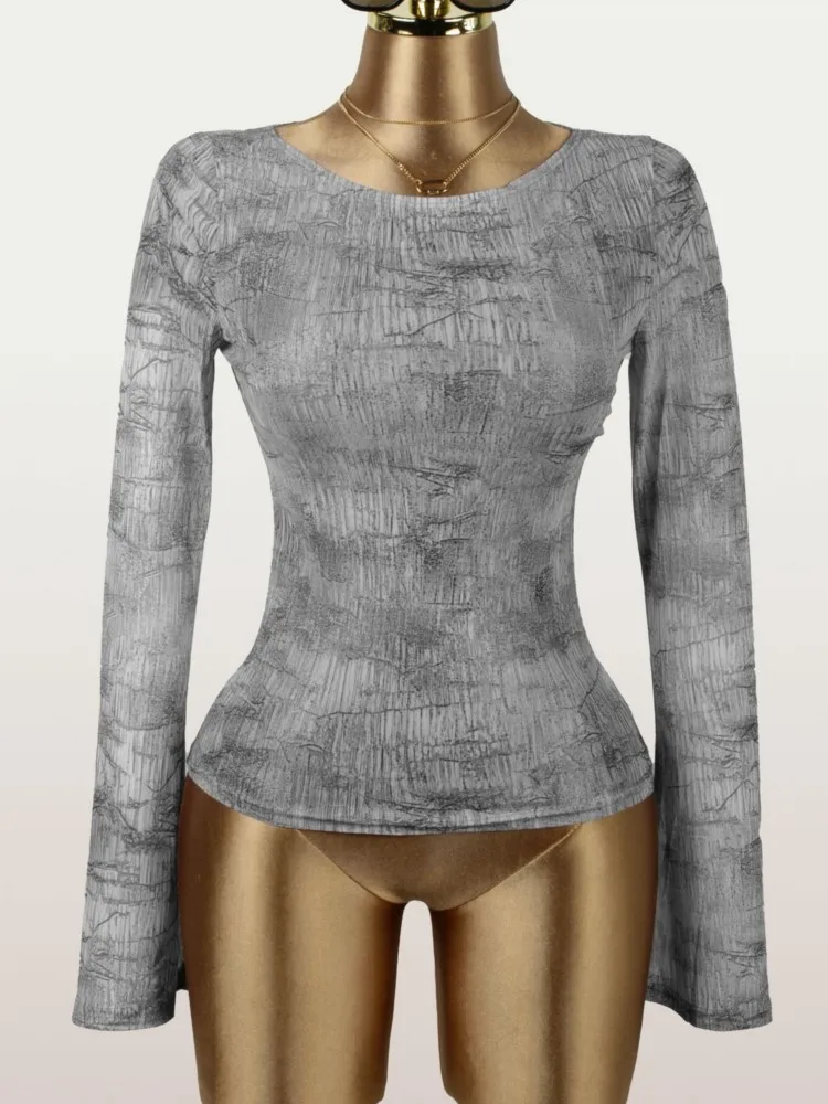 

New Women's Clothing Contrast Striped See-through Sexy Top Long Sleeves Bodycon simple Style All-match Casual Comfortable Trendy