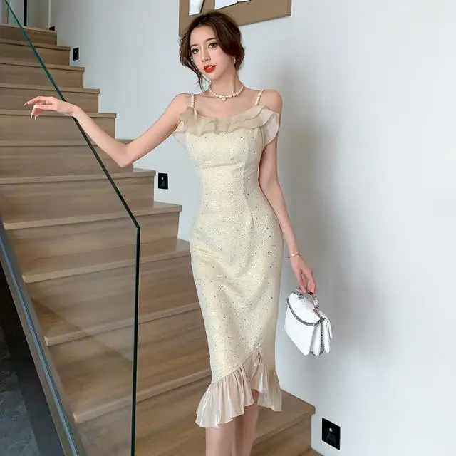 Summer Sequin Pearl Cami Dress for Women – Off-Shoulder Ruffle Hem Mermaid Mini Dress Elegant Party Outfit with Socialite Vibes