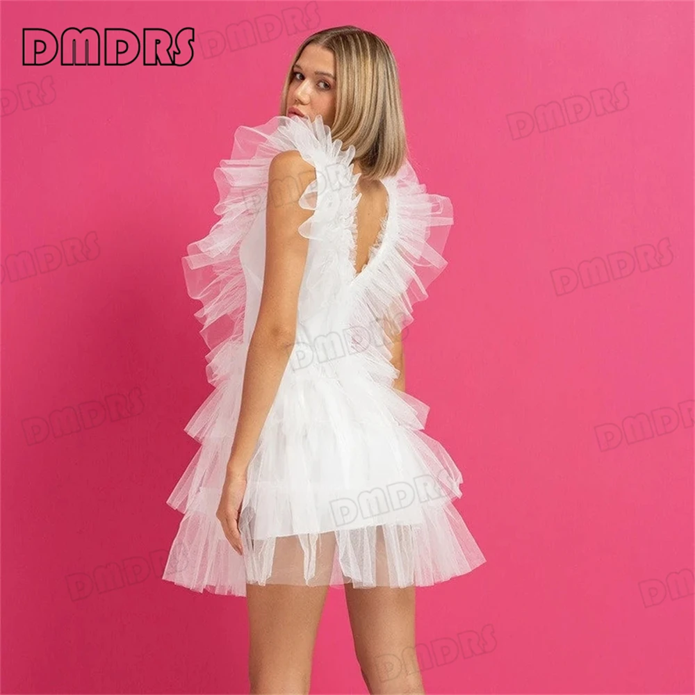 White Layered Tulle Dress Tutu Dresses For Women Ruffle Mini Dresses Sexy Deep V Neck Formal Gown For Cocktail Party