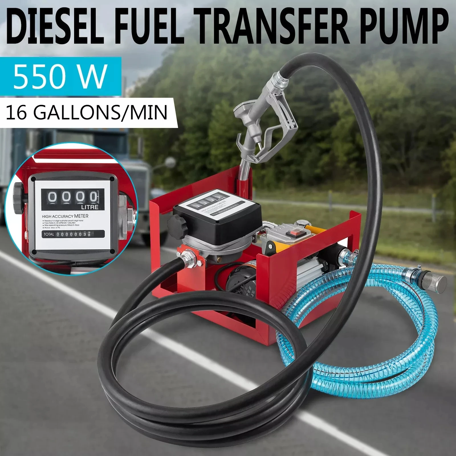 550W Fuel Pump with Nozzle 13' Hose Kit Diesel Transfer Extractor Electric Fuel Transfer Pump