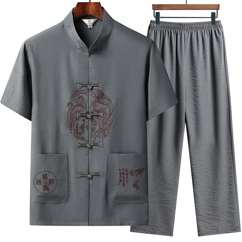 Abito tradizionale cinese retrò Tang Hanfu drago ricamato Oversize Kung Fu Tai Chi uniforme estate manica corta lino Homewear