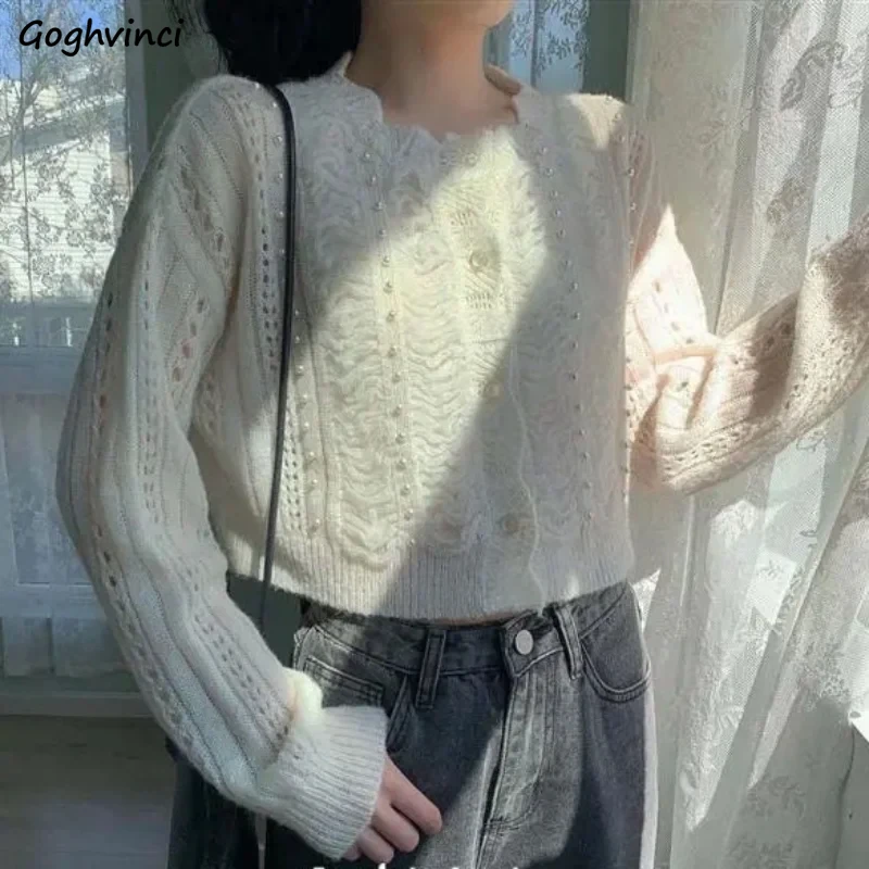 

Cardigan Women Autumn Pearls Knitting Striped Slim All-match Cropped Sweet Girls Kawaii Korean Style Casual Simple Solid Chic