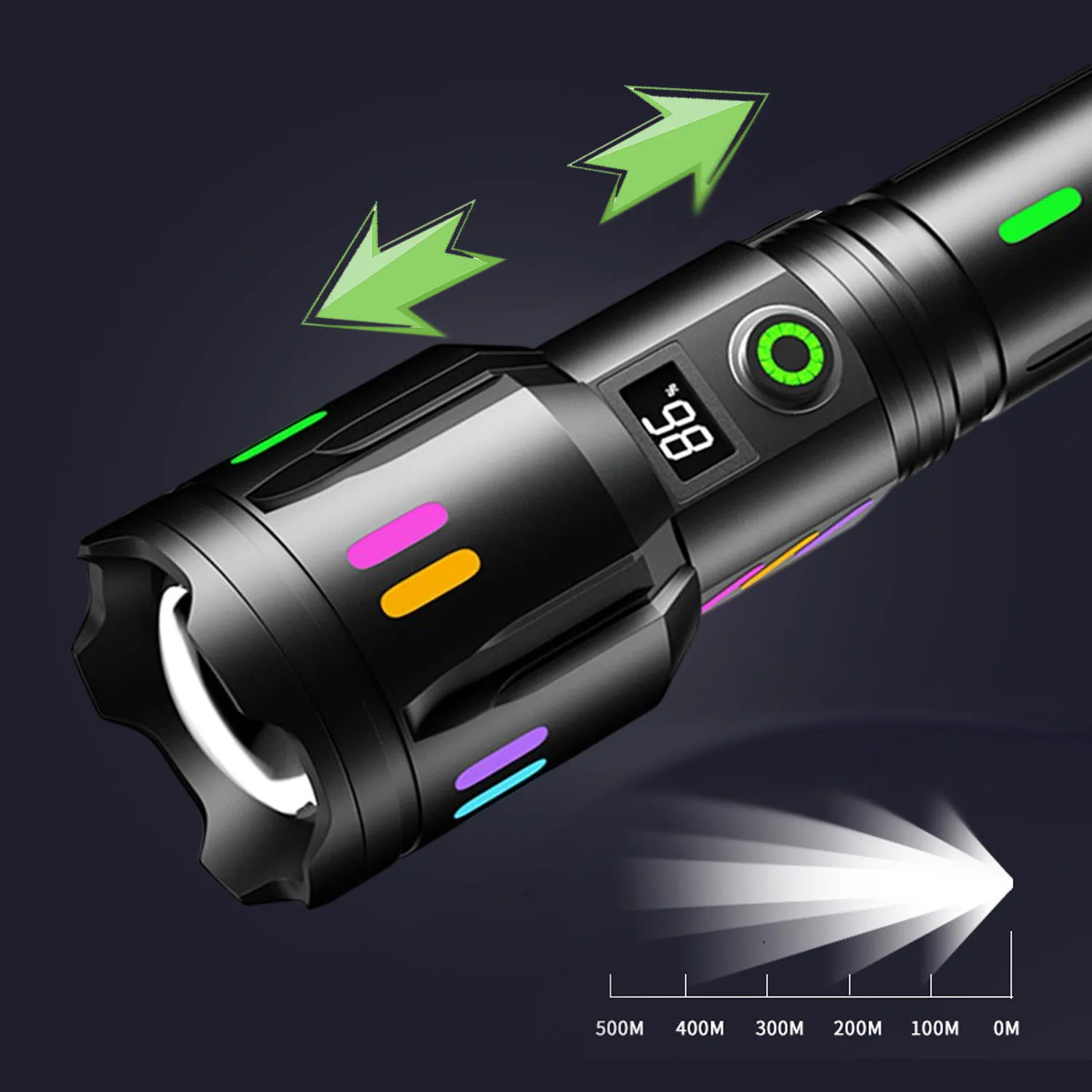 High Power Spotlight Long Range LED Flashlight Fluorescent Absorbing Film Luminous Colorful Zoom Flashlight Camping Emergency