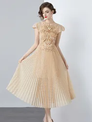 Elegant Women's Champagne Hollow Embroidery Custom Lace Dress High Quality Short Sleeve High Waist Midi Long Pleated Dress