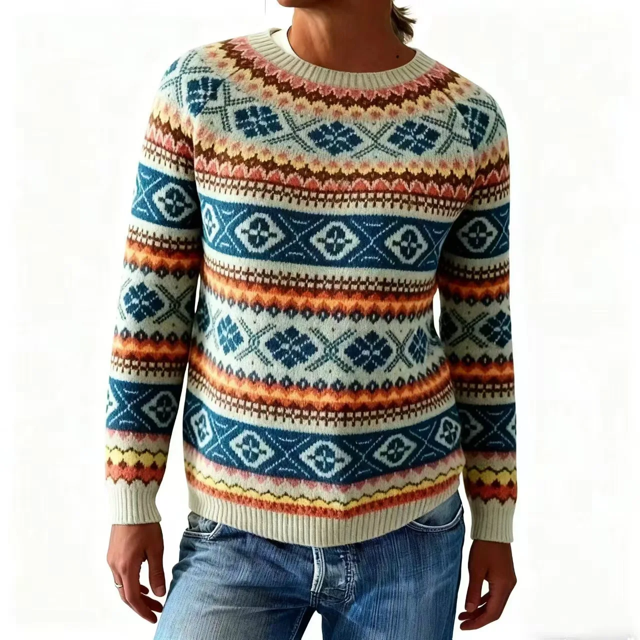 

2025 пуловер Damen Ropa Dama с круглым вырезом, вязаный пуловер, свитер, женский зимний свободный новый стиль, модный топ с цветными блоками и принтом