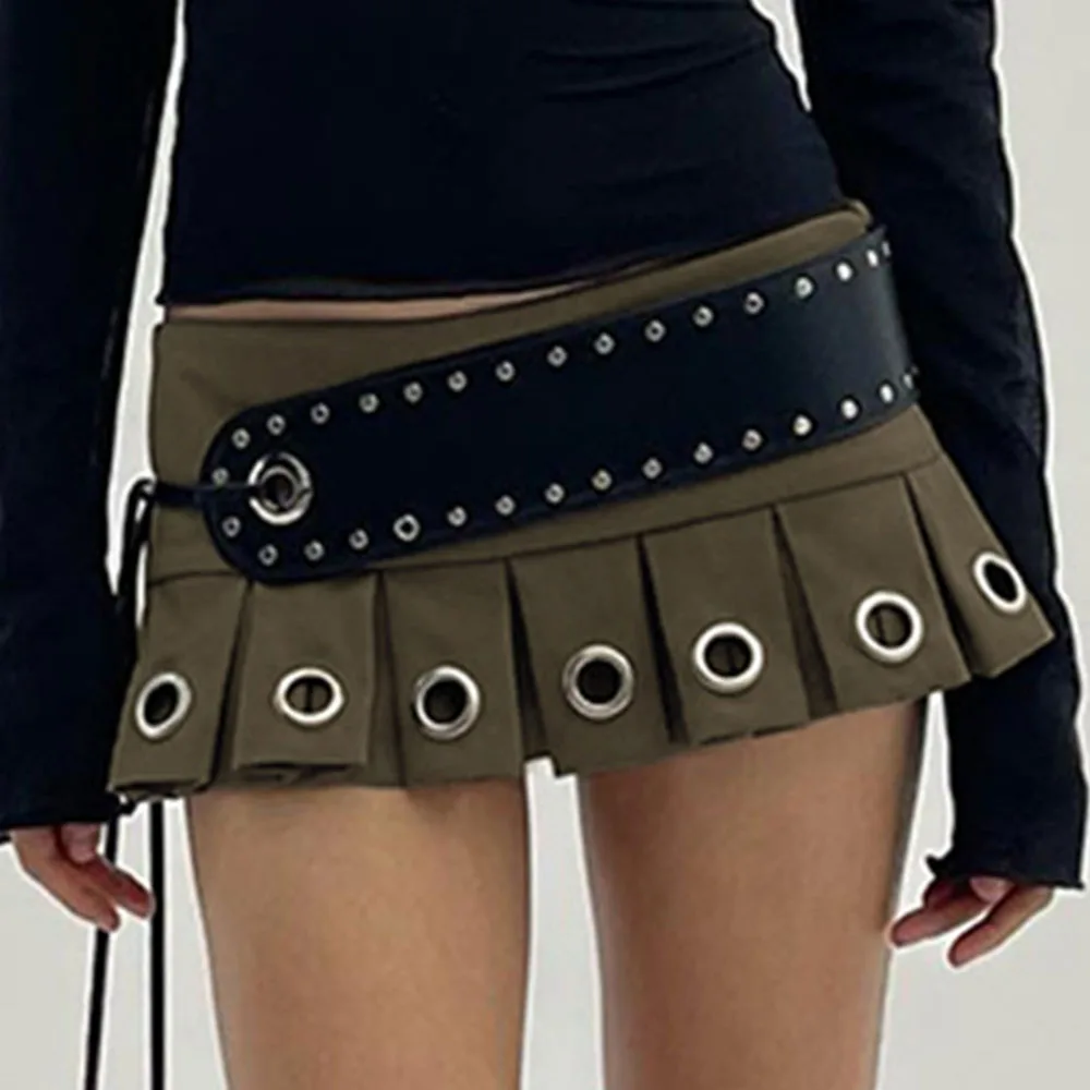 Women Punk Low Rise Y2k Mini Pleated Skirt with PU Belt Hot Sexy Super Short Skirts Vintage Grunge Harajuku Mini Bottoms Skirts