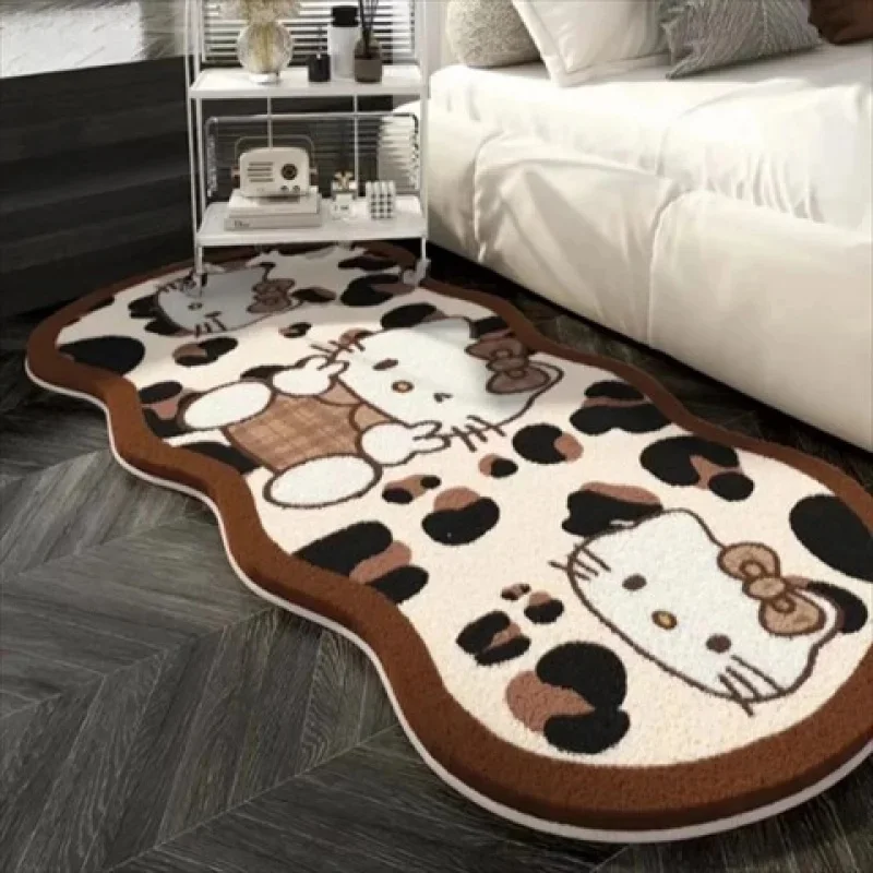 Cute Leopard Print Hello Kitty Fluffy Rug, Cashmere-like Floor Mat, Non-slip Bedroom Bedside Carpet for Girls