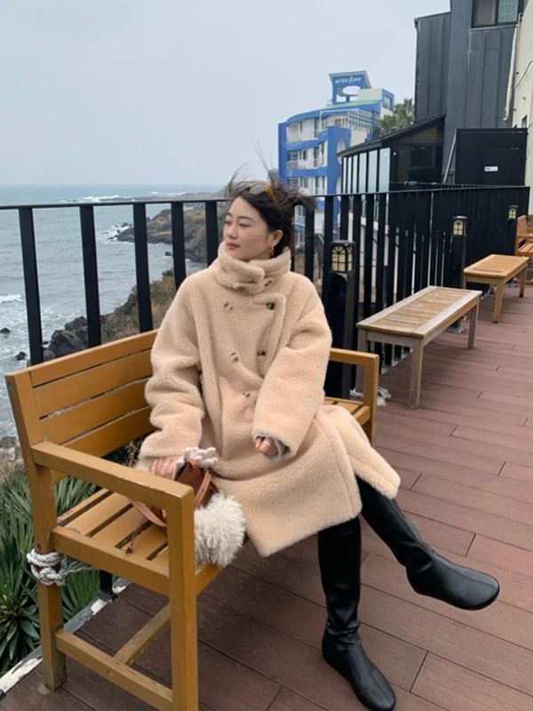 

Корейское длинное двустороннее шерстяное пальто в корейском стиле для женщин, теплое, утолщенное, зимняя верхняя одежда стандартного кроя, серия Morning Fog Fairy Tale